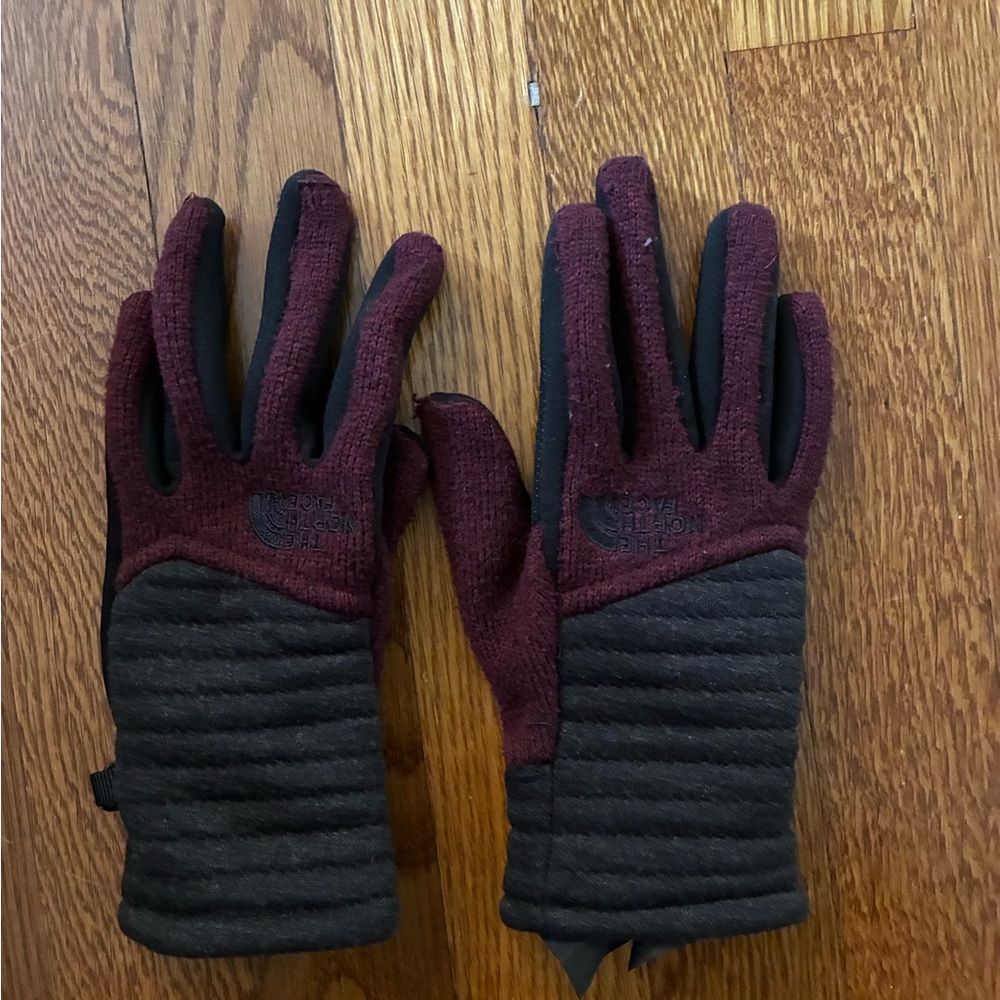 The North Face Burgundy and Gray Gloves with touchscreen feature